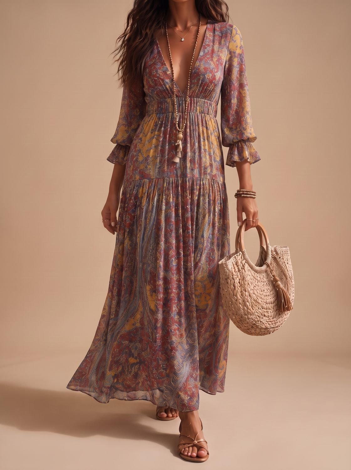 Soepelvallende boho maxi-jurk met paisleyprint en lange mouwen voor dames