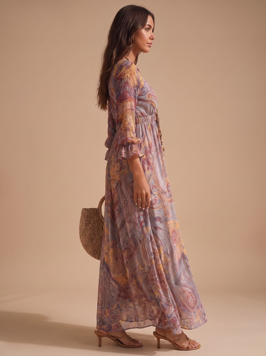 Soepelvallende boho maxi-jurk met paisleyprint en lange mouwen voor dames
