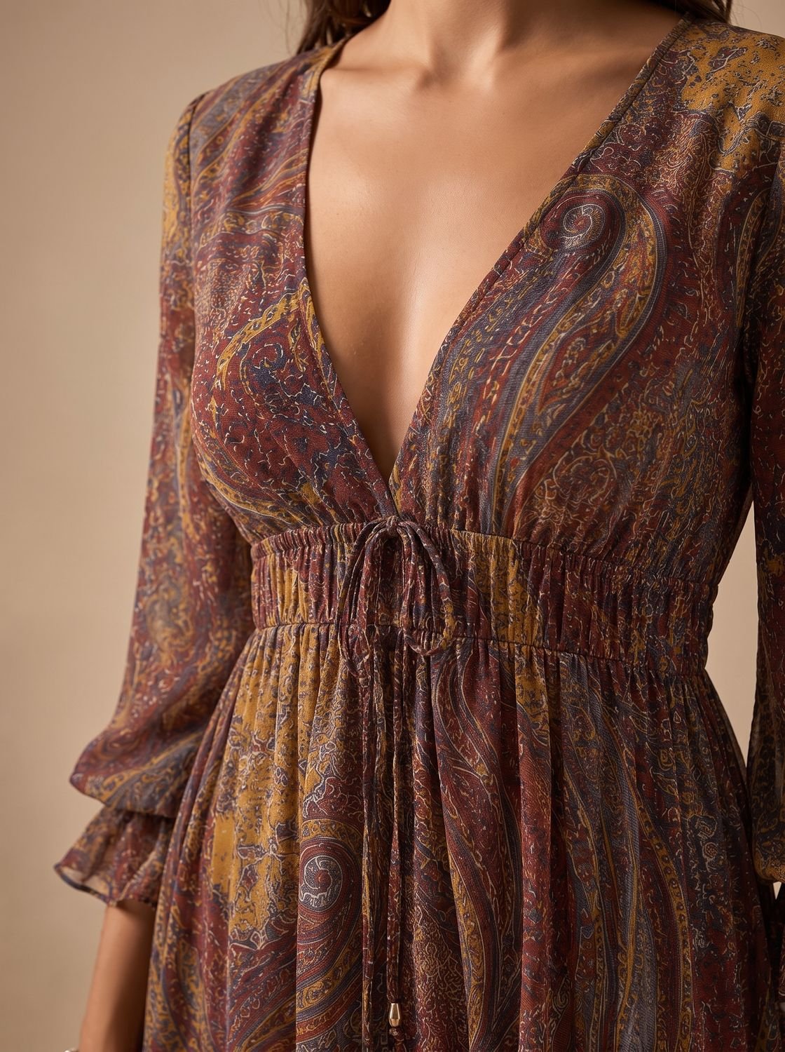 Soepelvallende boho maxi-jurk met paisleyprint en lange mouwen voor dames