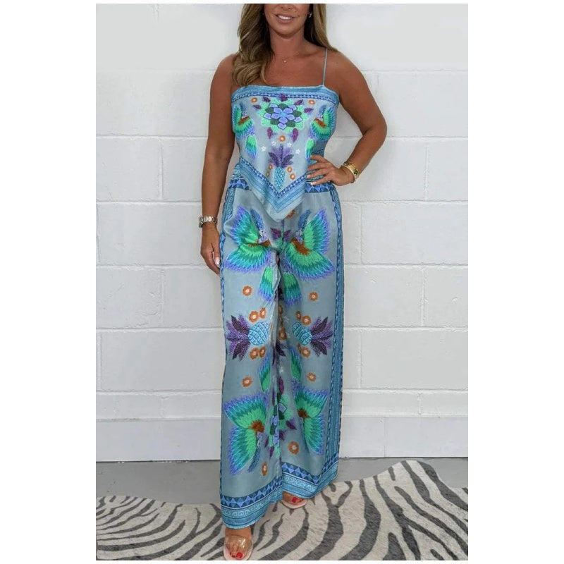 Spaghetti Band Gedrukt Top & Losse Broek 2-Piece Set