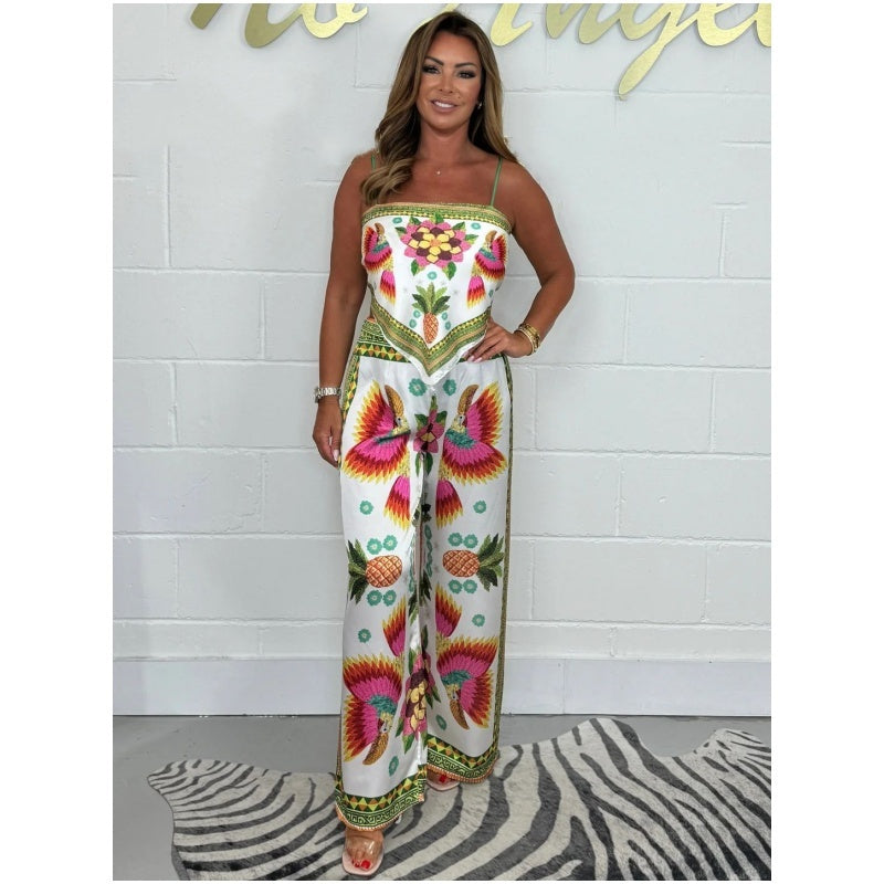 Spaghetti Band Gedrukt Top & Losse Broek 2-Piece Set