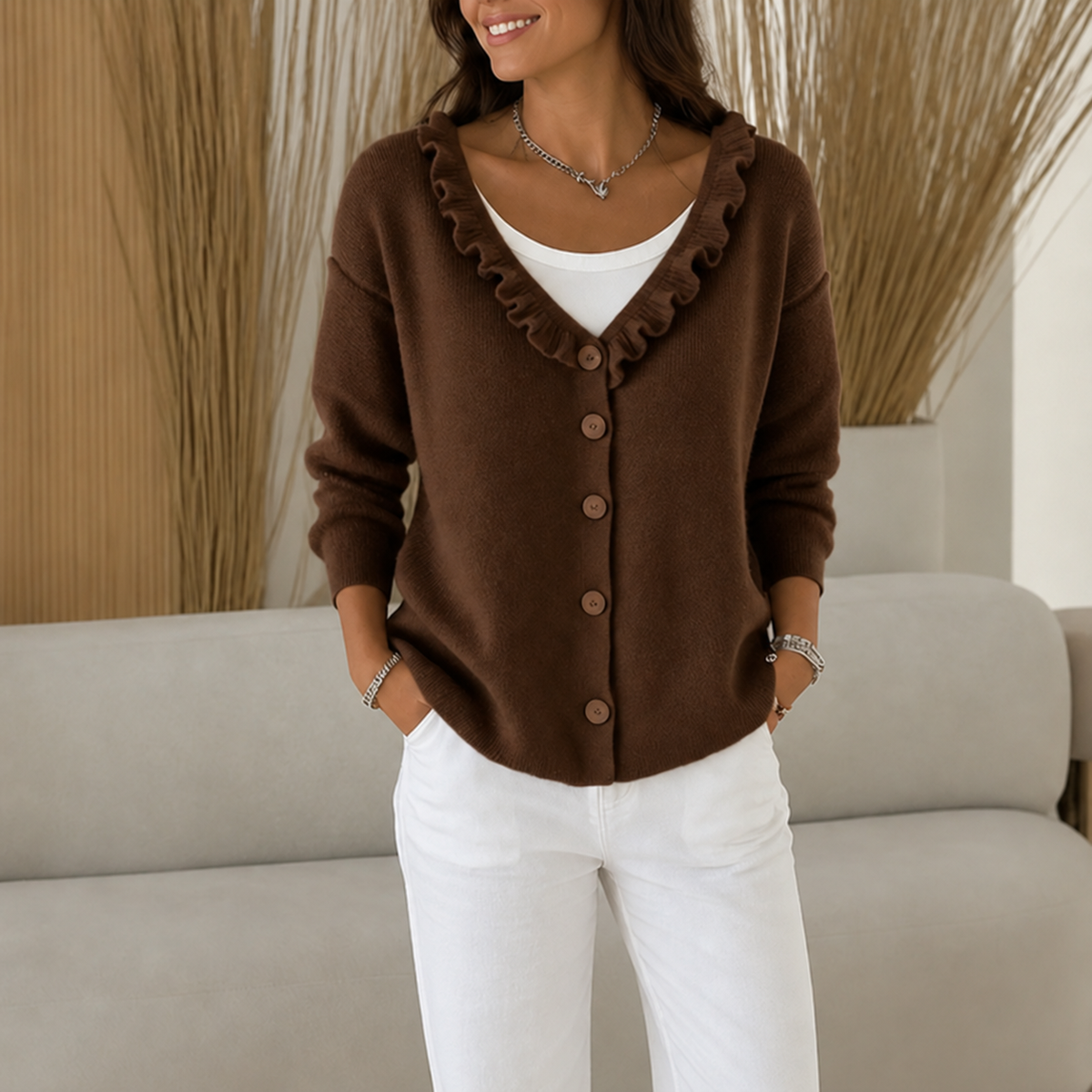 Stretchgebreid vest met ruchekraag