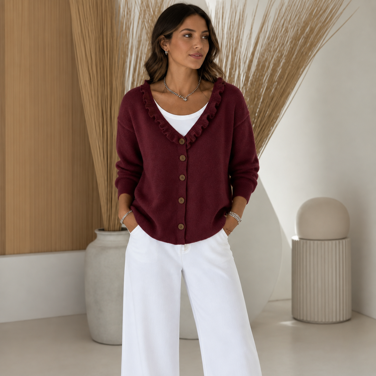 Stretchgebreid vest met ruchekraag