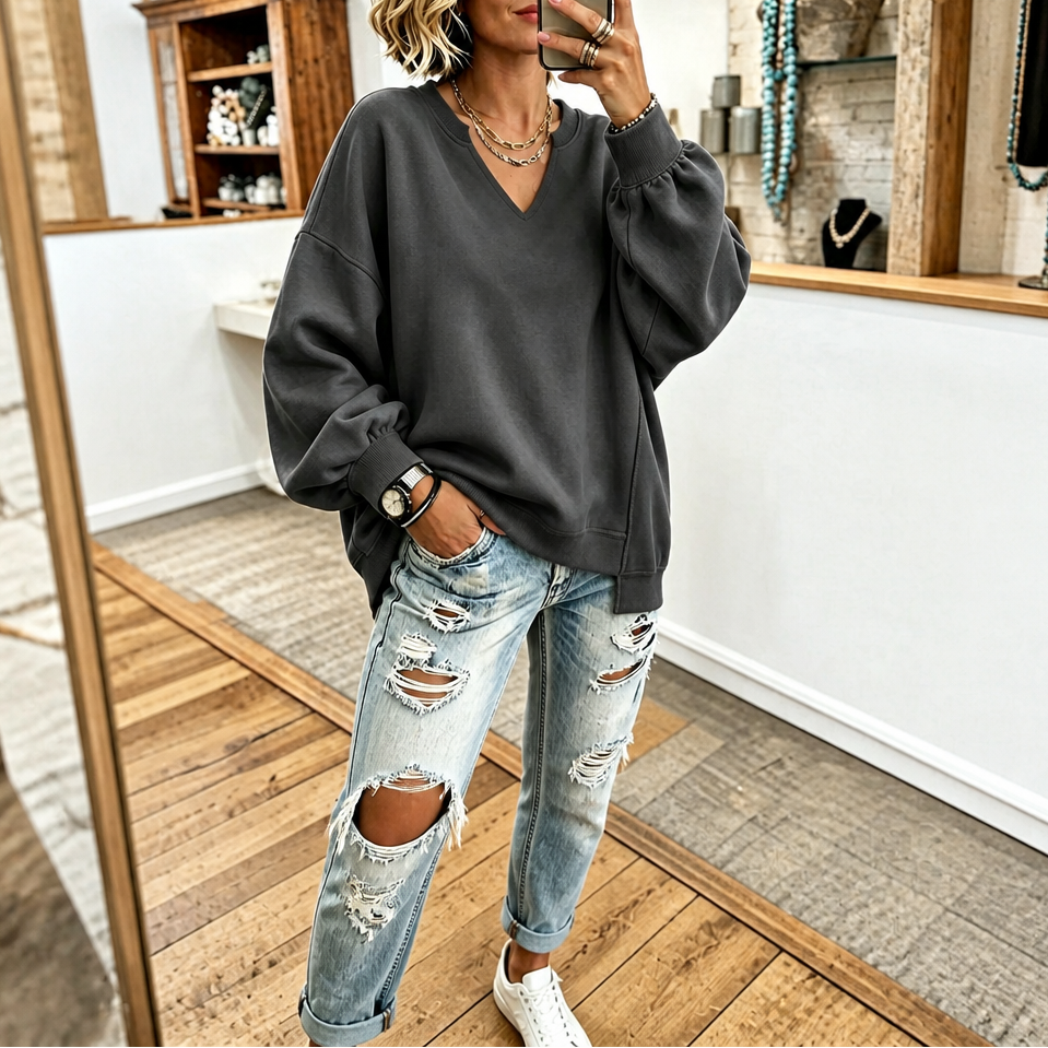 Sweatshirt met verlaagde schouders, pofmouwen en zijsplitten