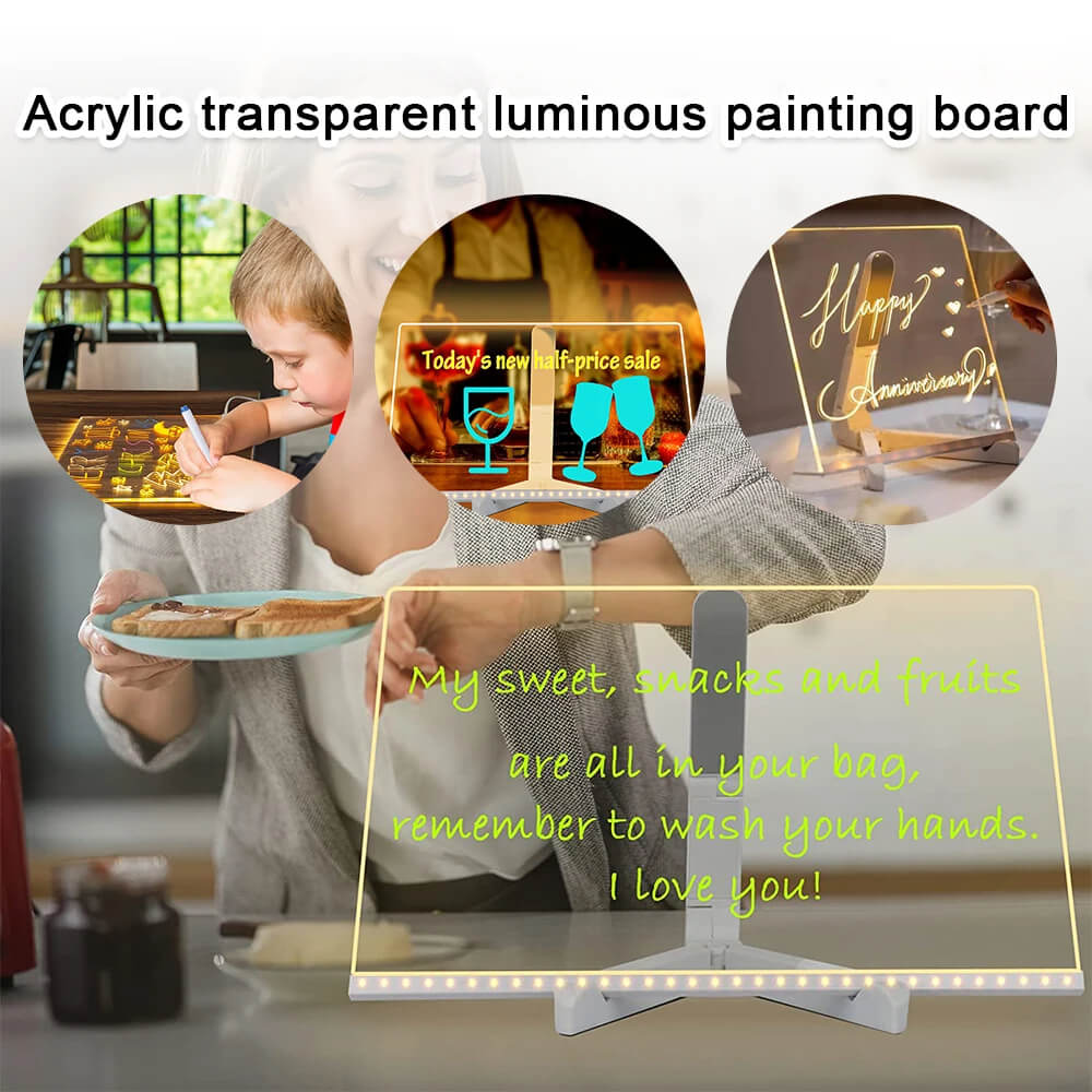 Transparant Luminous Acryl Schrijfbord met 7 Kleurrijke Stiften – Herbruikbaar Berichtenbord met LED Verlichting