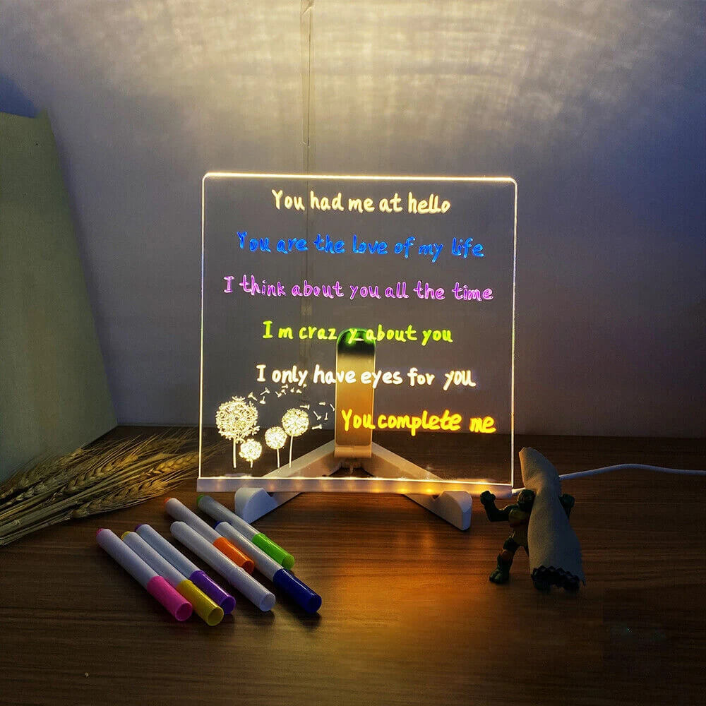 Transparant Luminous Acryl Schrijfbord met 7 Kleurrijke Stiften – Herbruikbaar Berichtenbord met LED Verlichting