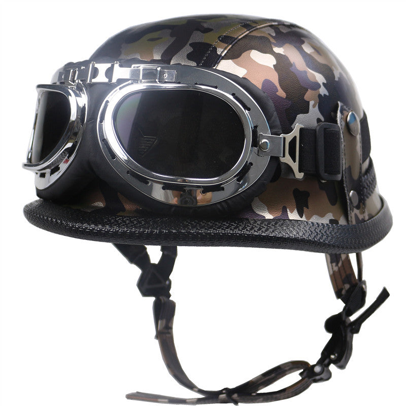 Vintage Leren Bikerhelm met Stofbril