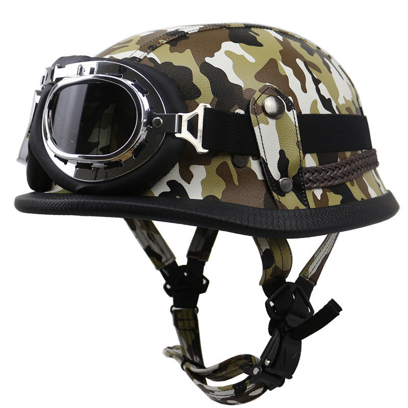 Vintage Leren Bikerhelm met Stofbril