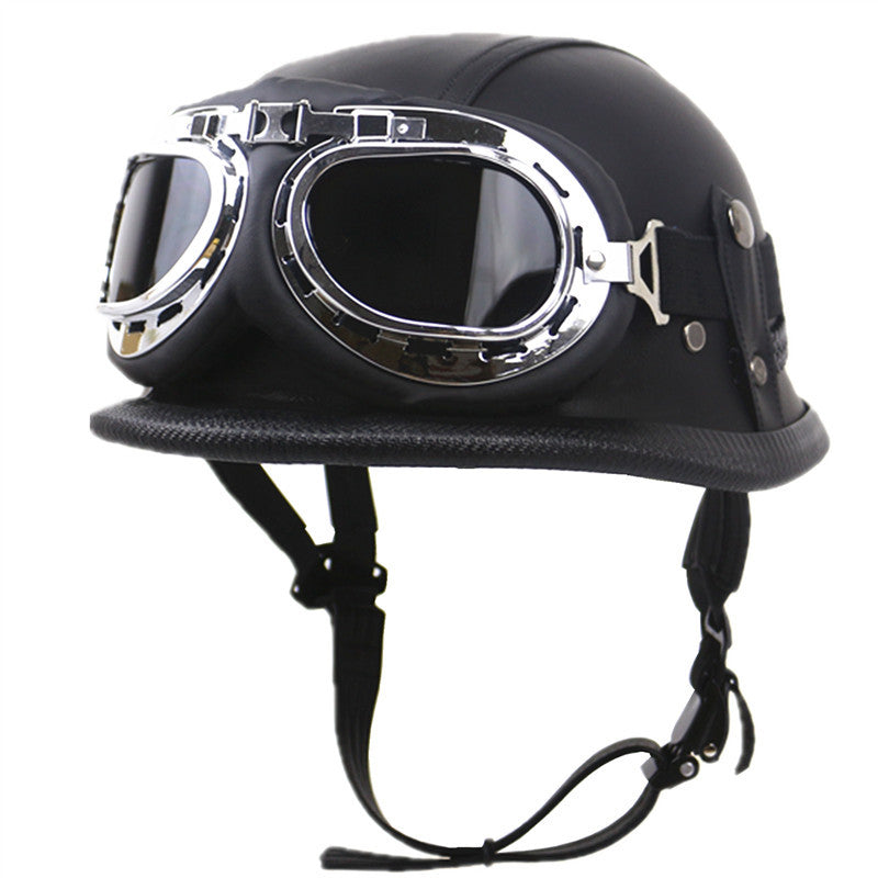 Vintage Leren Bikerhelm met Stofbril