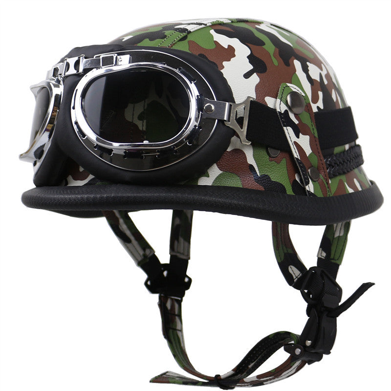 Vintage Leren Bikerhelm met Stofbril