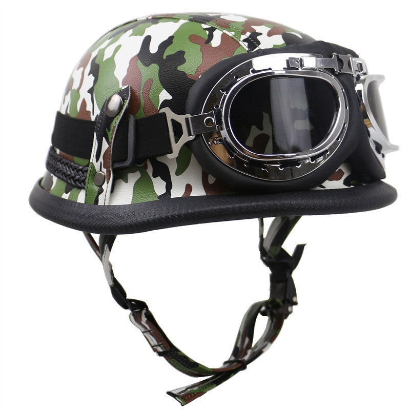 Vintage Leren Bikerhelm met Stofbril