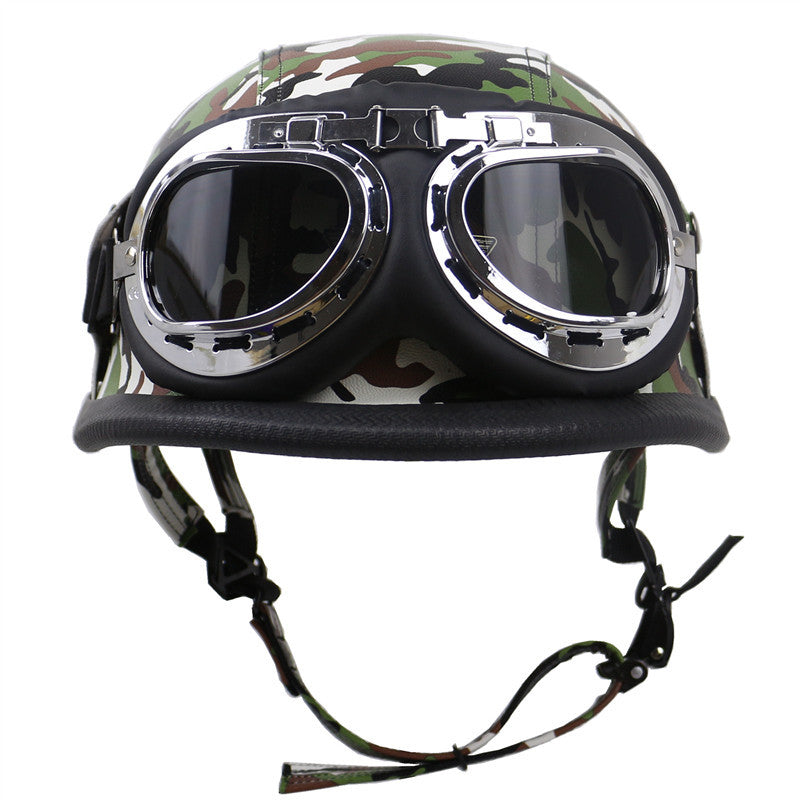 Vintage Leren Bikerhelm met Stofbril