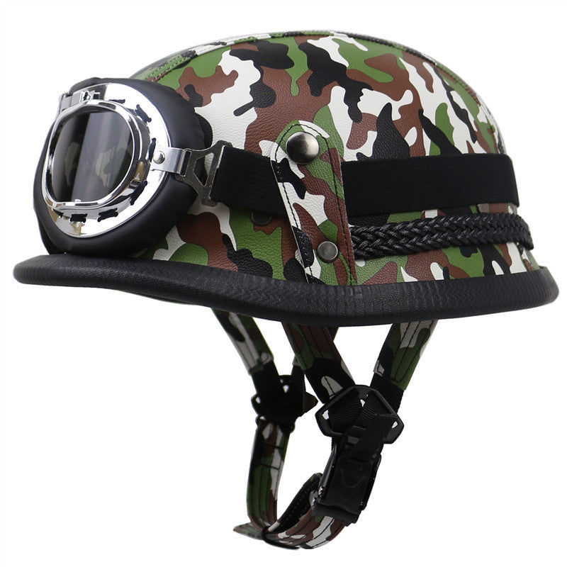 Vintage Leren Bikerhelm met Stofbril