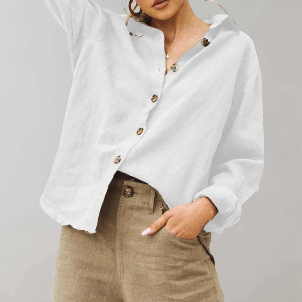 Vintage Linnen Blouse voor Vrouwen met Relaxte Pasvorm en Klassieke Kraag
