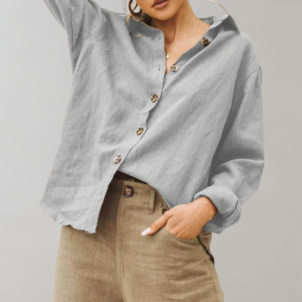 Vintage Linnen Blouse voor Vrouwen met Relaxte Pasvorm en Klassieke Kraag