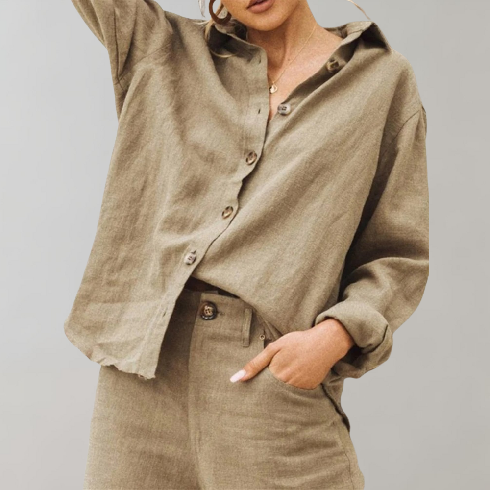 Vintage Linnen Blouse voor Vrouwen met Relaxte Pasvorm en Klassieke Kraag