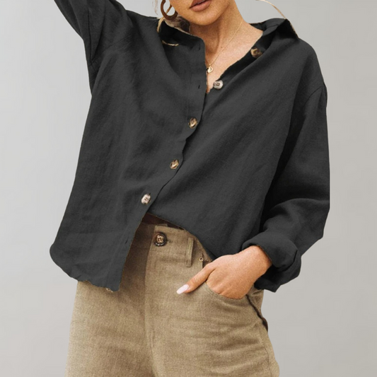 Vintage Linnen Blouse voor Vrouwen met Relaxte Pasvorm en Klassieke Kraag