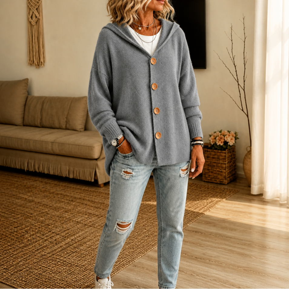 Wafelgebreid vest met capuchon en knopen