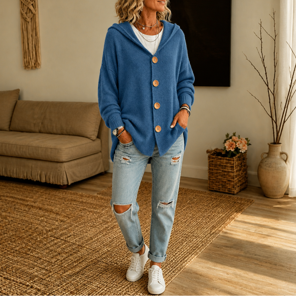 Wafelgebreid vest met capuchon en knopen