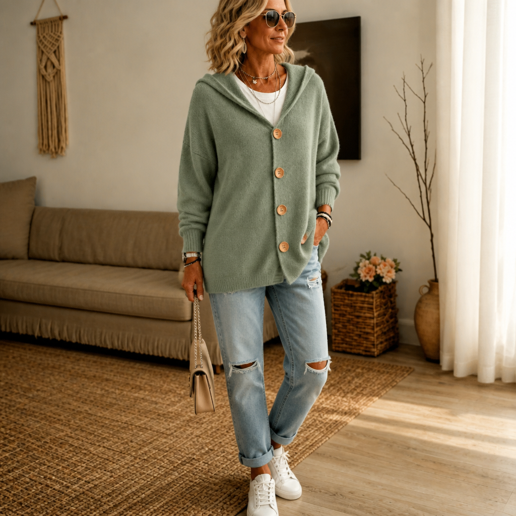Wafelgebreid vest met capuchon en knopen