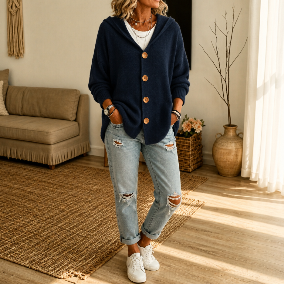 Wafelgebreid vest met capuchon en knopen