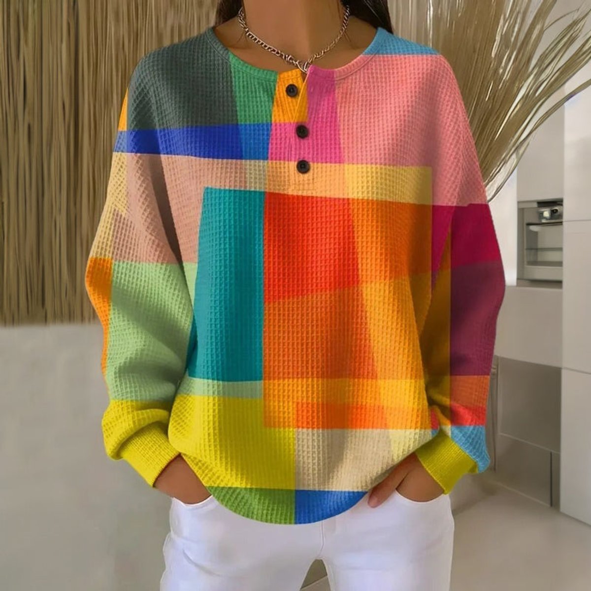 Wafelgebreide dameshenleytrui met colorblock en lange mouwen