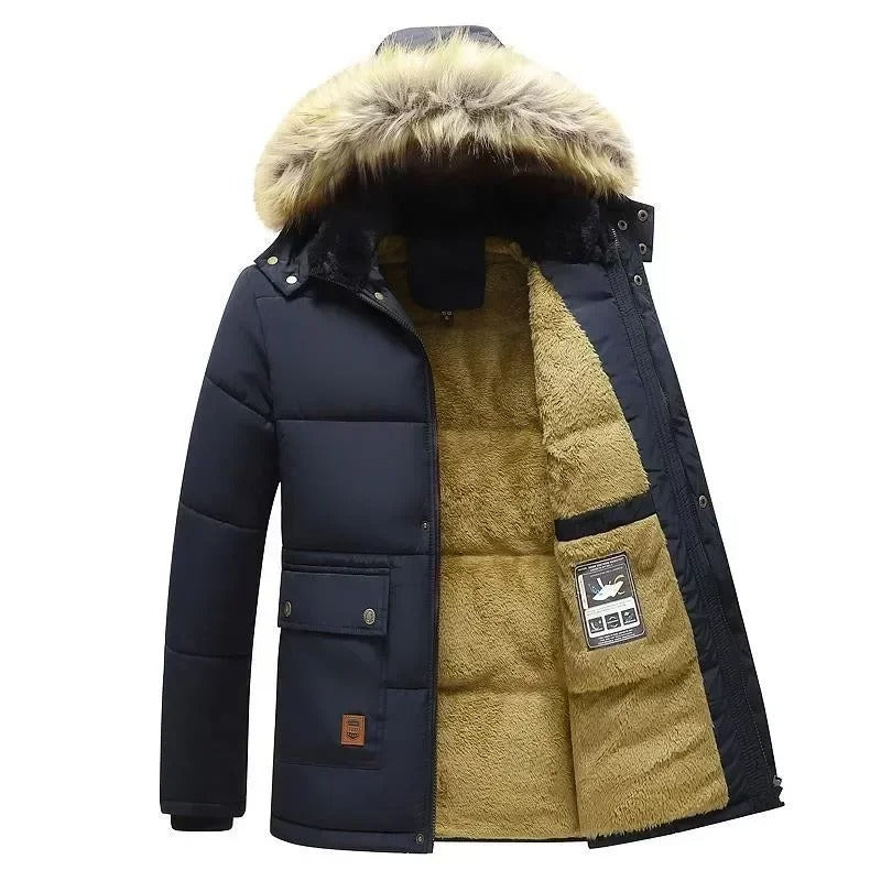 Warme herenjas met capuchon en bontkraag