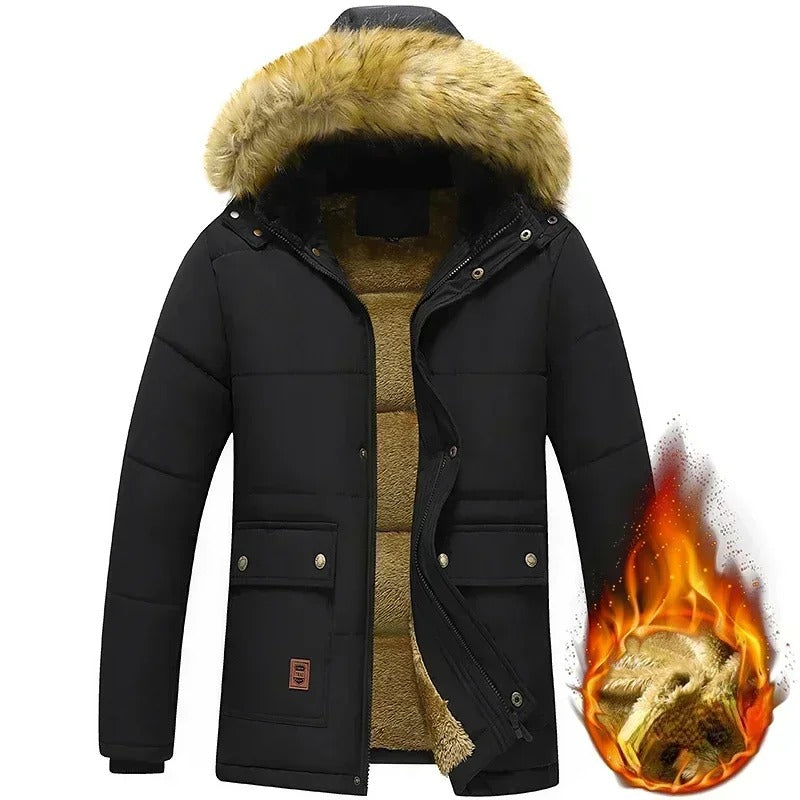 Warme herenjas met capuchon en bontkraag