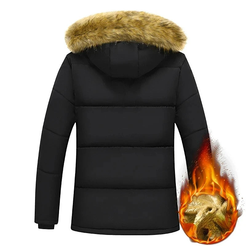 Warme herenjas met capuchon en bontkraag