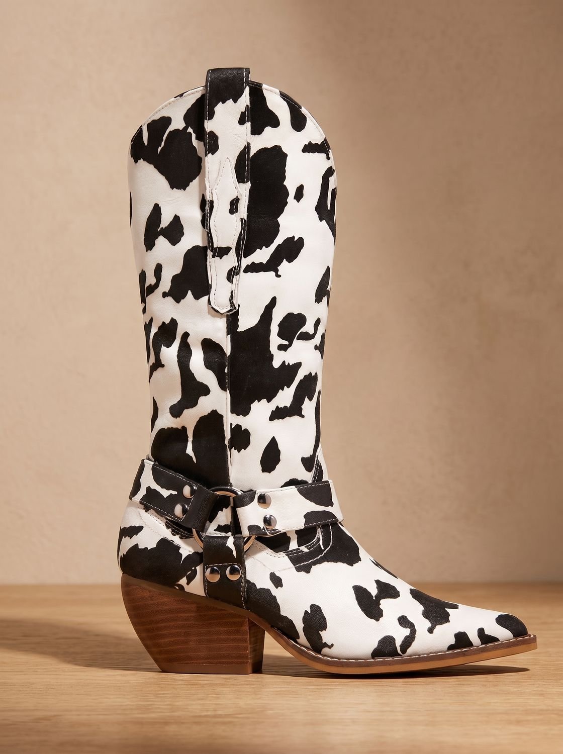 Western cowboylaarzen met koeienprint voor dames met spitse neus en blokhak