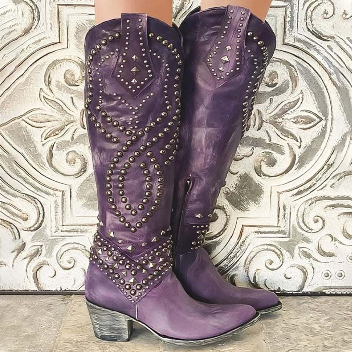 Western kniehoge laarzen voor dames met studs, blokhak en spitse neus