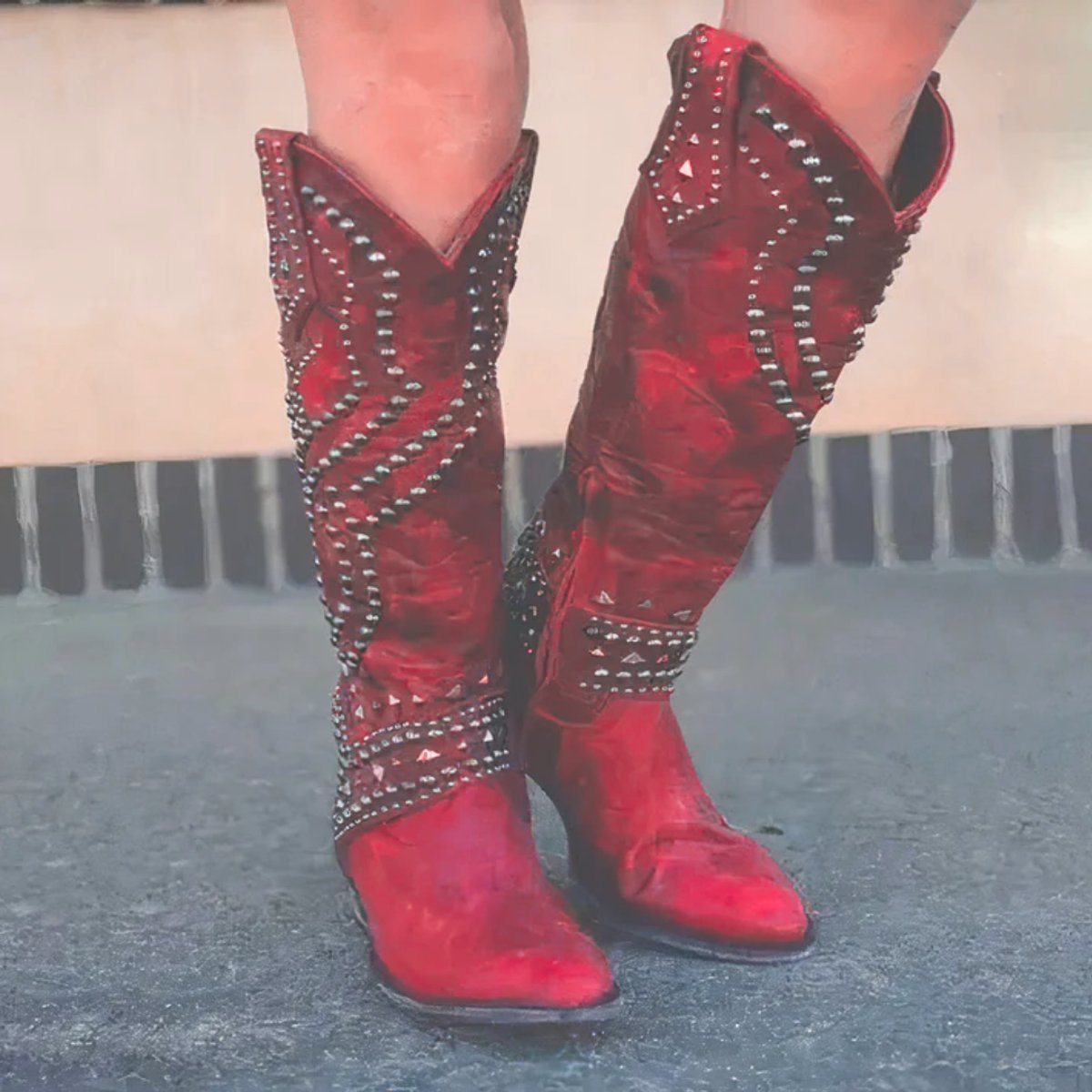 Western kniehoge laarzen voor dames met studs, blokhak en spitse neus