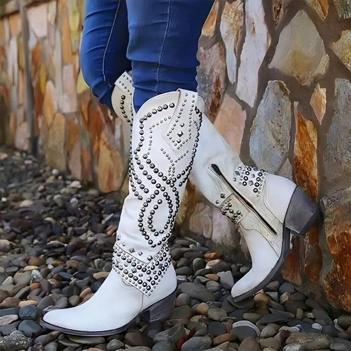 Western kniehoge laarzen voor dames met studs, blokhak en spitse neus