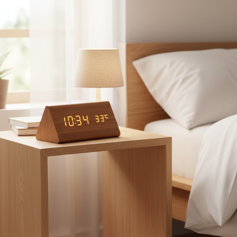 WOODSENSE – LED Houten Klok met Stemcontrole voor Stijlvolle Tijdweergave