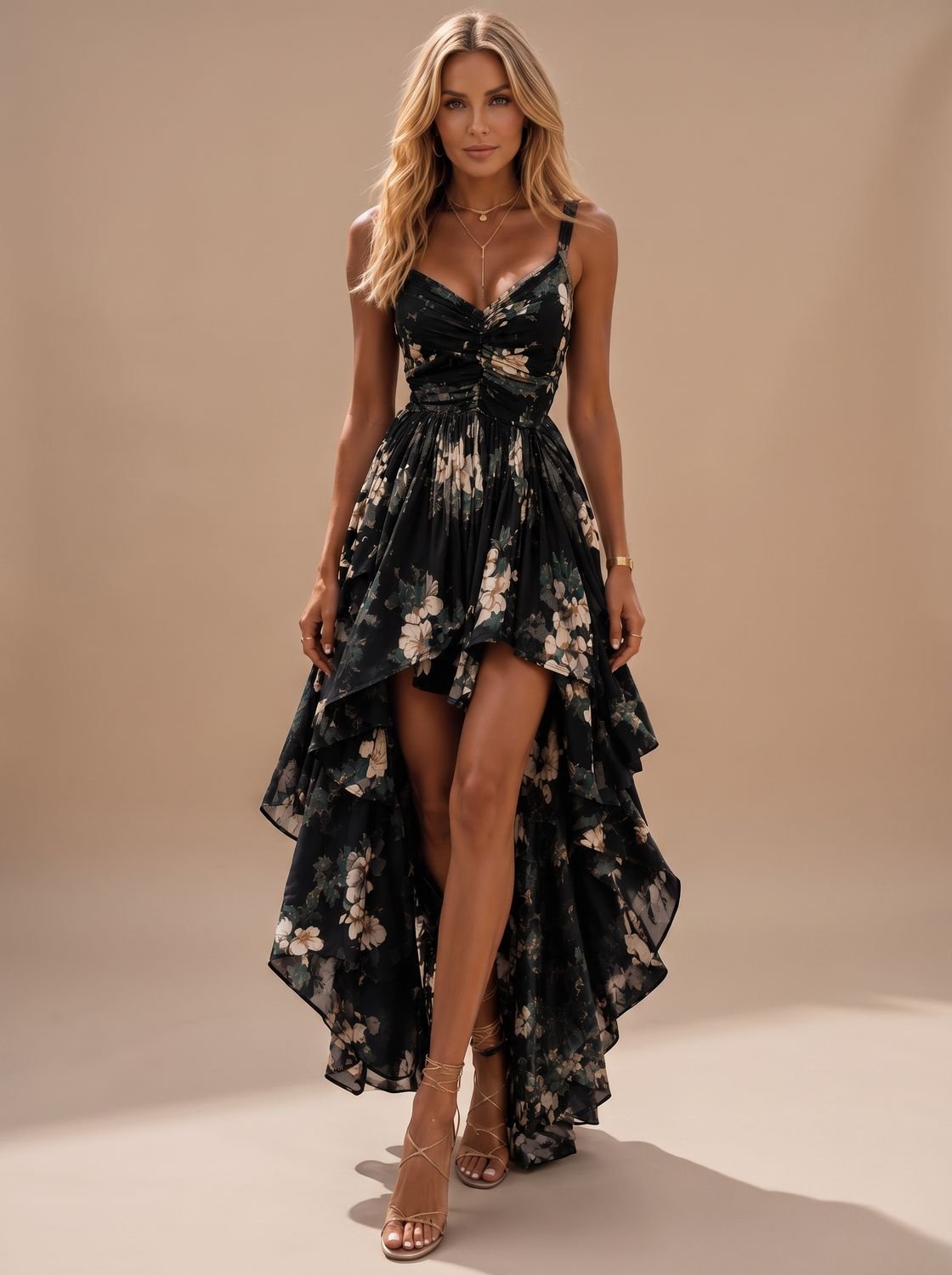 Zwarte gebloemde boho high-low maxi-zomerjurk voor dames