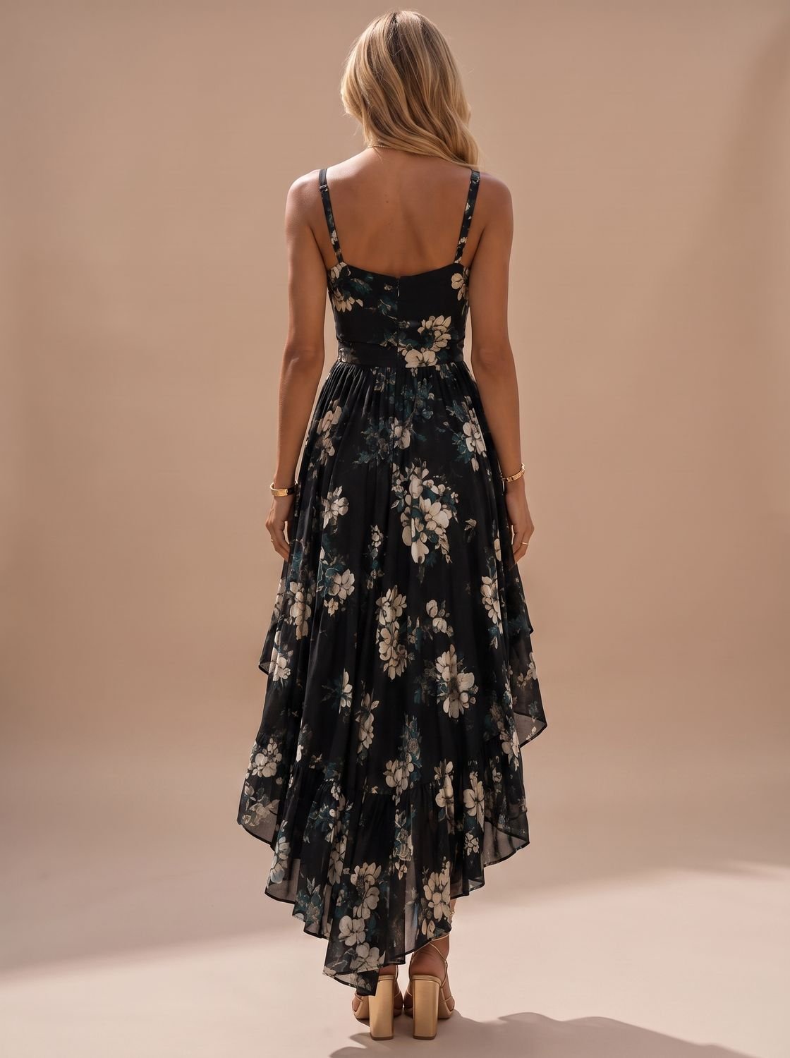 Zwarte gebloemde boho high-low maxi-zomerjurk voor dames